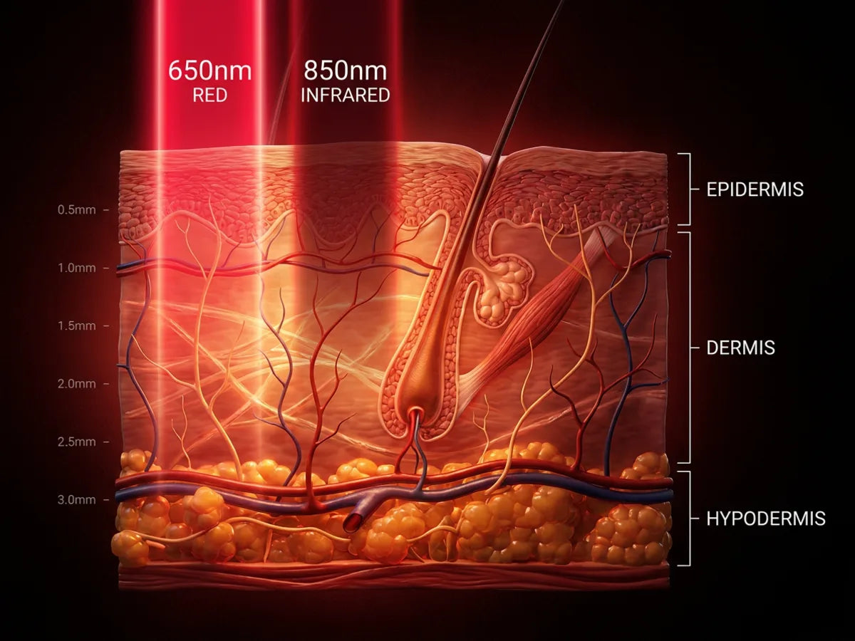 Diagram of Perfectio X 650nm red and 850nm infrared light reaching the epidermis, dermis, and hypodermis skin layers