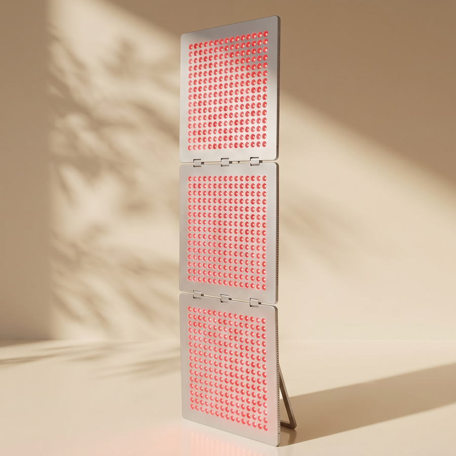 TrueLight Energy Trism red light therapy device three-panel on stand