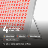 Four wavelengths in every LED: 580nm yellow, 630nm red, 660nm deep red, 850nm near-infrared