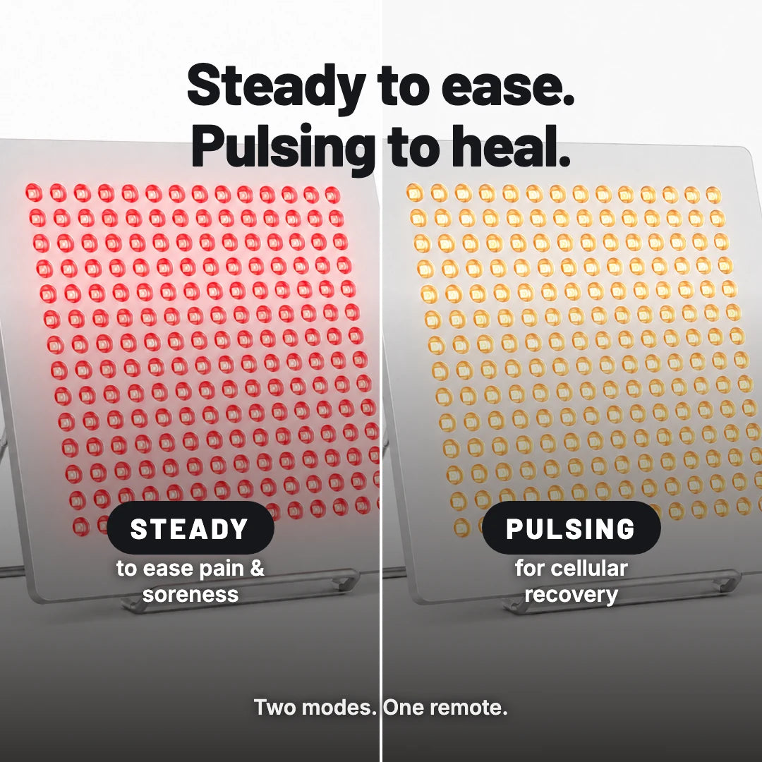 Two modes: steady light to ease pain and soreness, pulsing light for cellular recovery