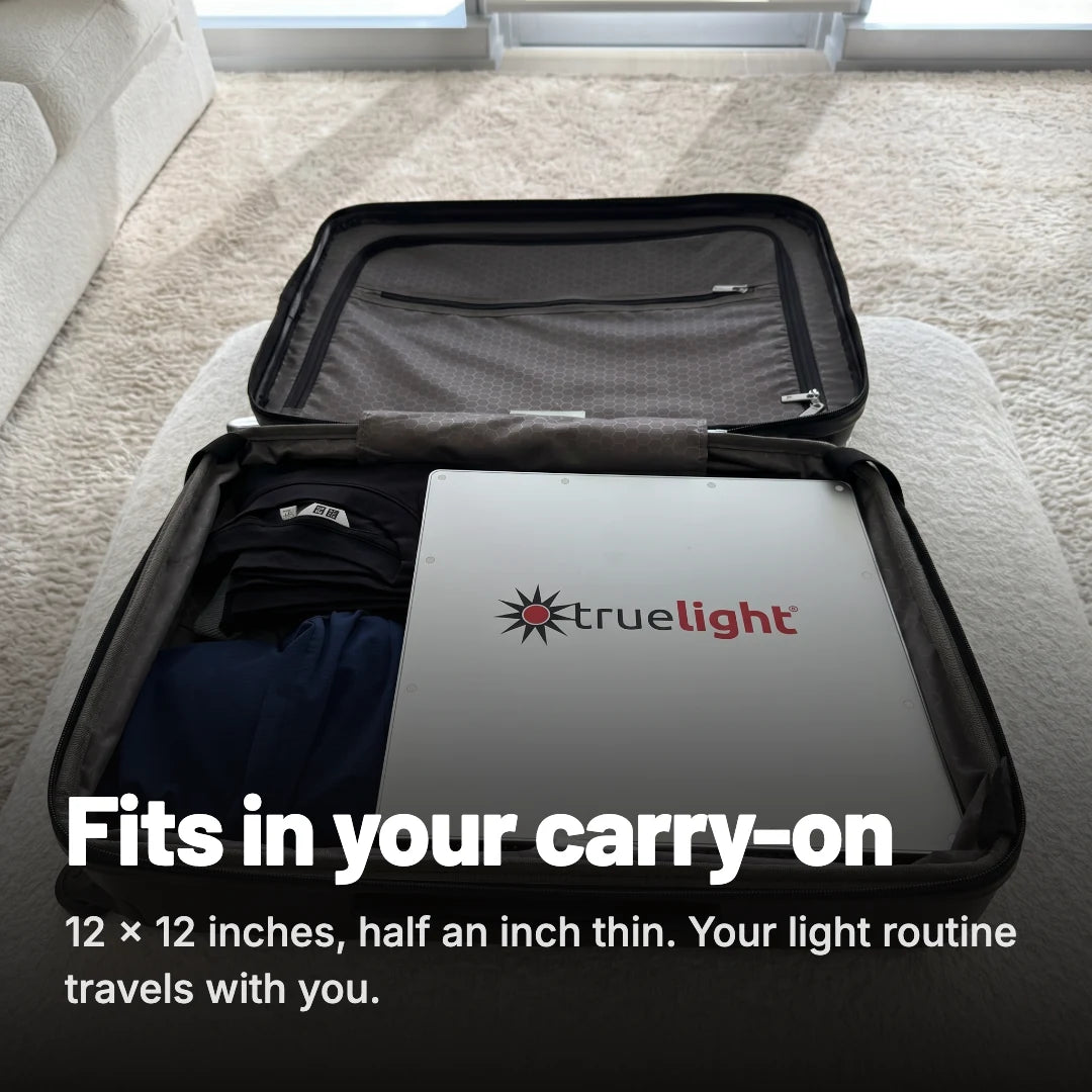 TrueLight Energy Square packed flat in a carry-on suitcase