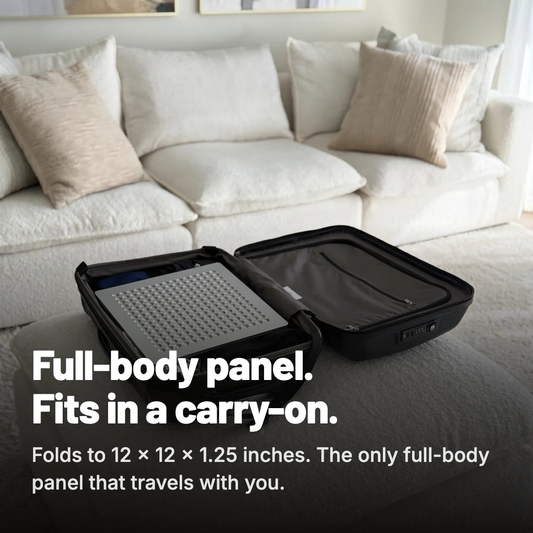 TrueLight Energy Trism folded to 12 x 12 x 1.25 inches inside a carry-on suitcase