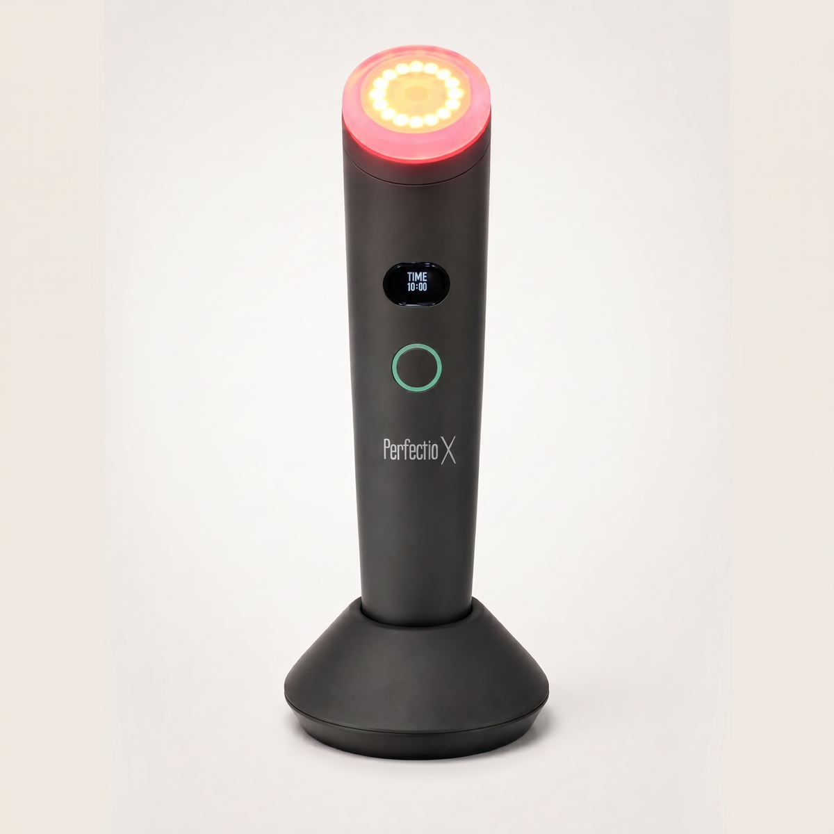 Perfectio X light therapy wand on its charging base, front view