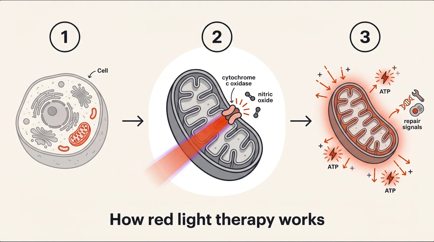 Three-step mechanism: (1) a cell containing a mitochondrion, (2) near-infrared light dislodging nitric oxide from the enzyme cytochrome c oxidase, (3) the mitochondrion resuming efficient energy production, releasing ATP and repair signals.