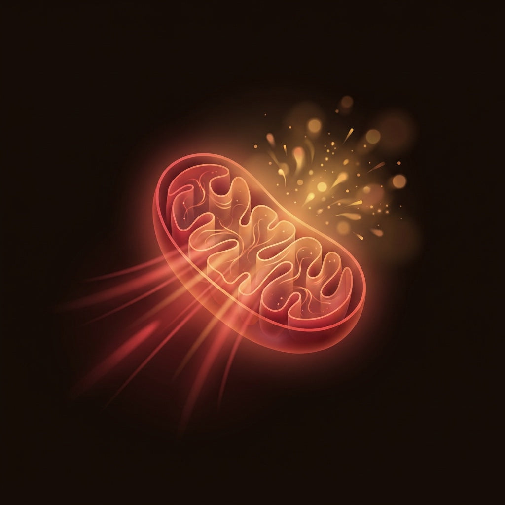 Red and near-infrared light energizing a mitochondrion to produce ATP