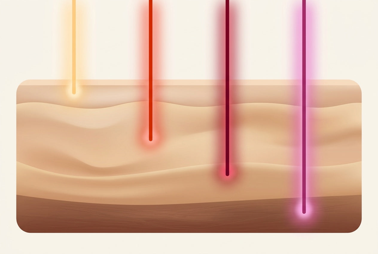 Four wavelengths of light penetrating skin layers to increasing depths, yellow at the surface through near-infrared reaching muscle